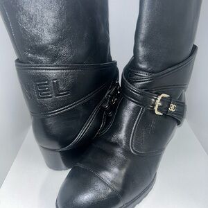 CHANEL Black Leather Heeled Boots